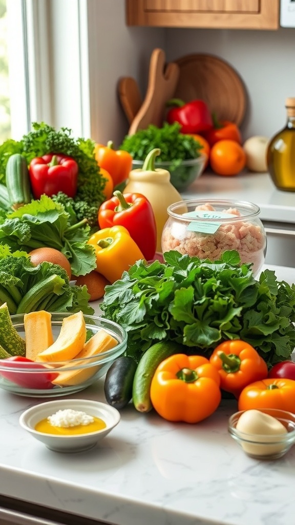 Fresh vegetables and lean proteins on a kitchen countertop for a yeast elimination diet.